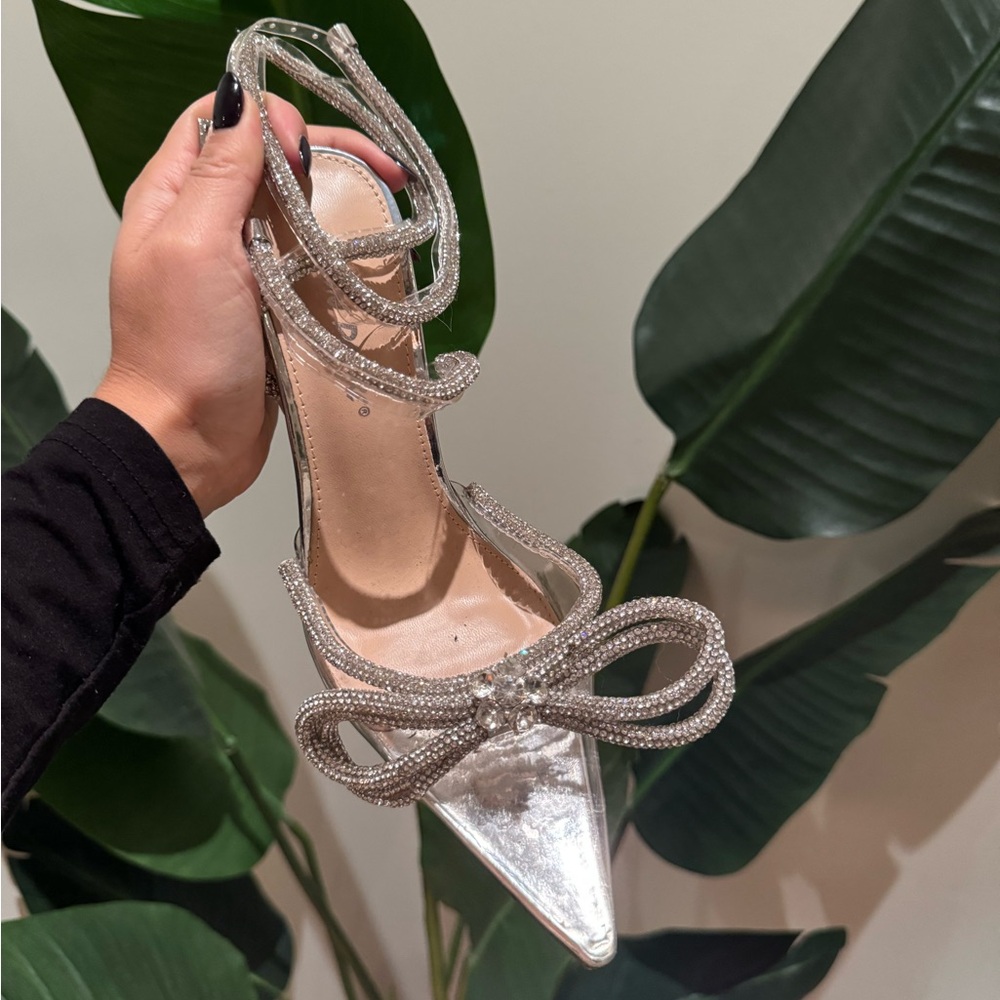 Silver Stiletto Heels with Bow & Clear Pointed Toe (Size 6)
